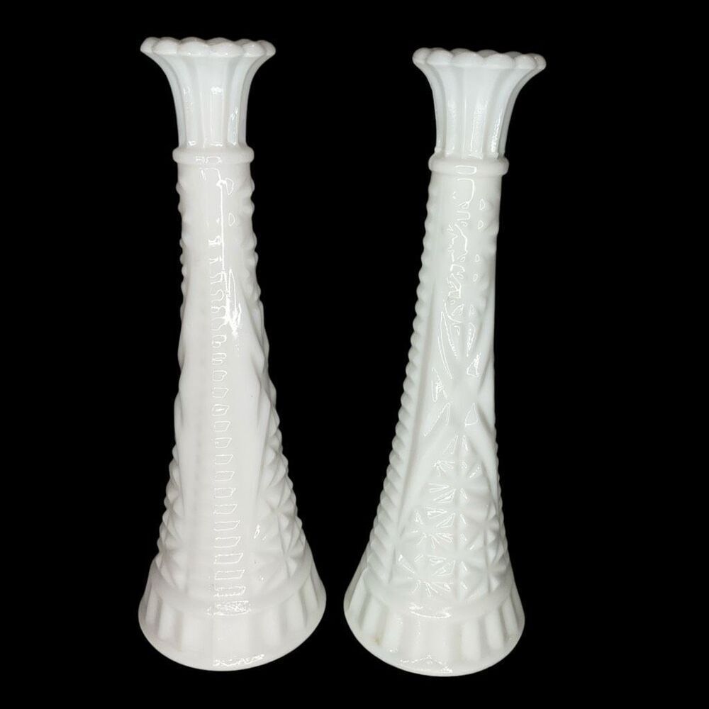 Vintage Set of 2 Two Vases Anchor Hocking Milk Glass Bud Vase -Stars and Bars 9”